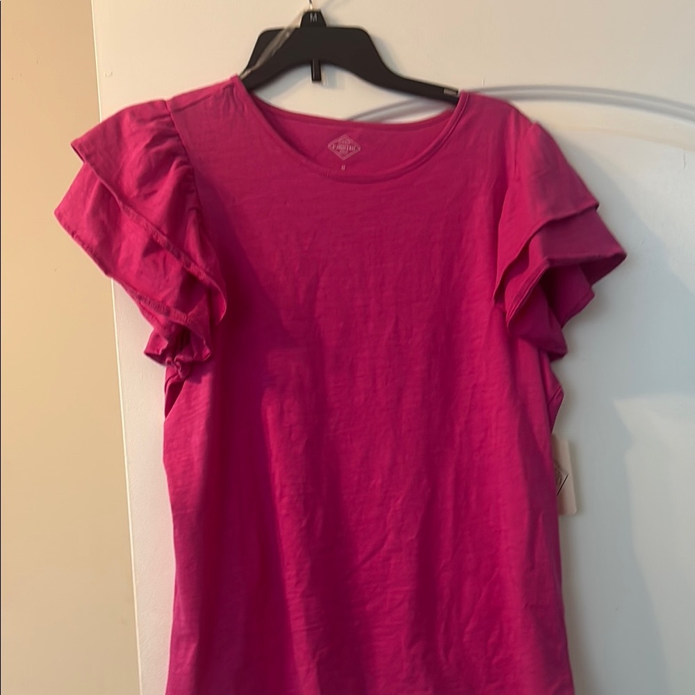 St. John's Bay Pink Ruffled Cap Sleeve Tee